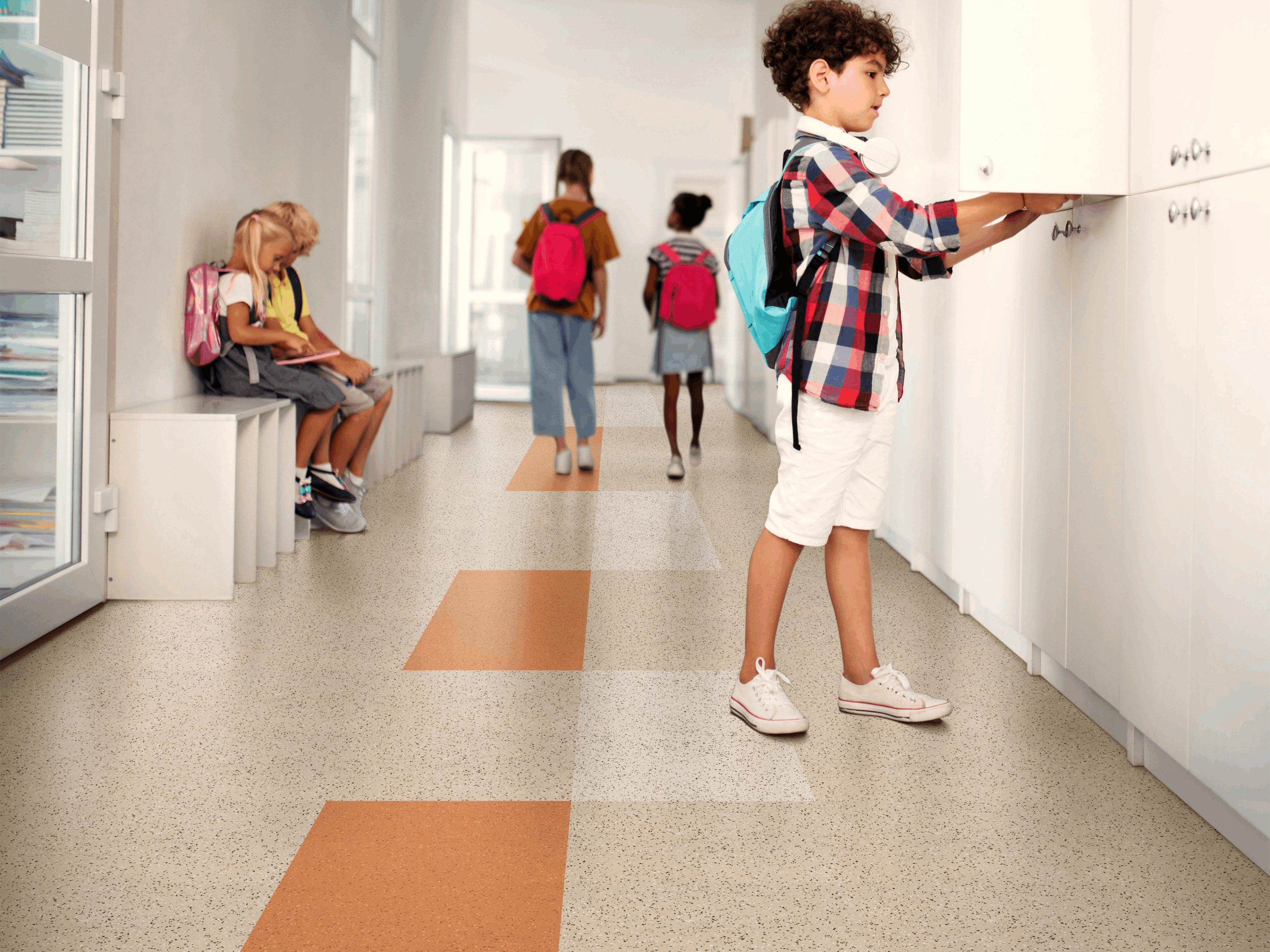 Community Base Tile Tread Room Scene SKUs 2057 Goldenrod, 2044 Dusty Road, and 2034 Espresso Speckled Rubber Tile